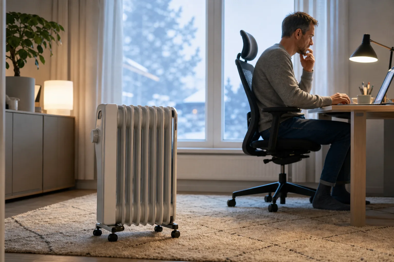 Oljefyllt element i ett svalt hemmakontor