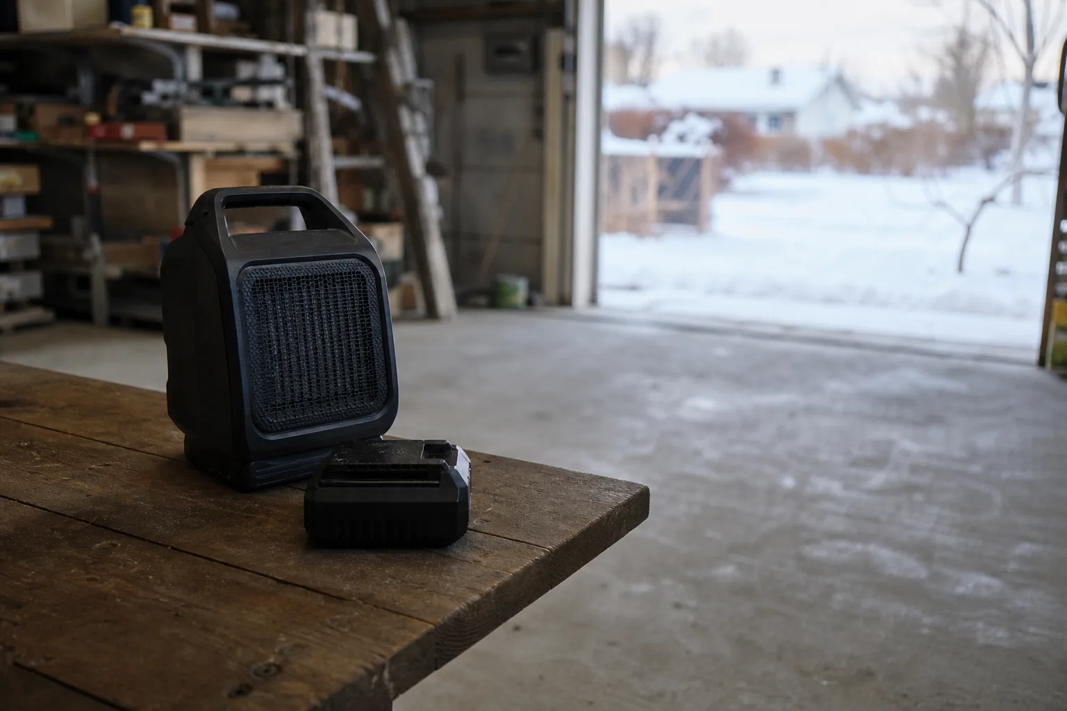 Portabel värmefläkt och batteripaket i garage