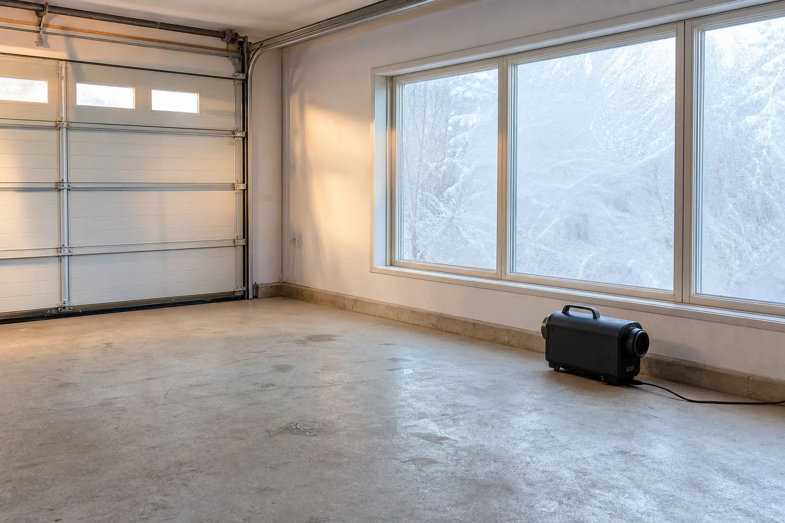 Avstängd värmare nära porten i ett kallt garage