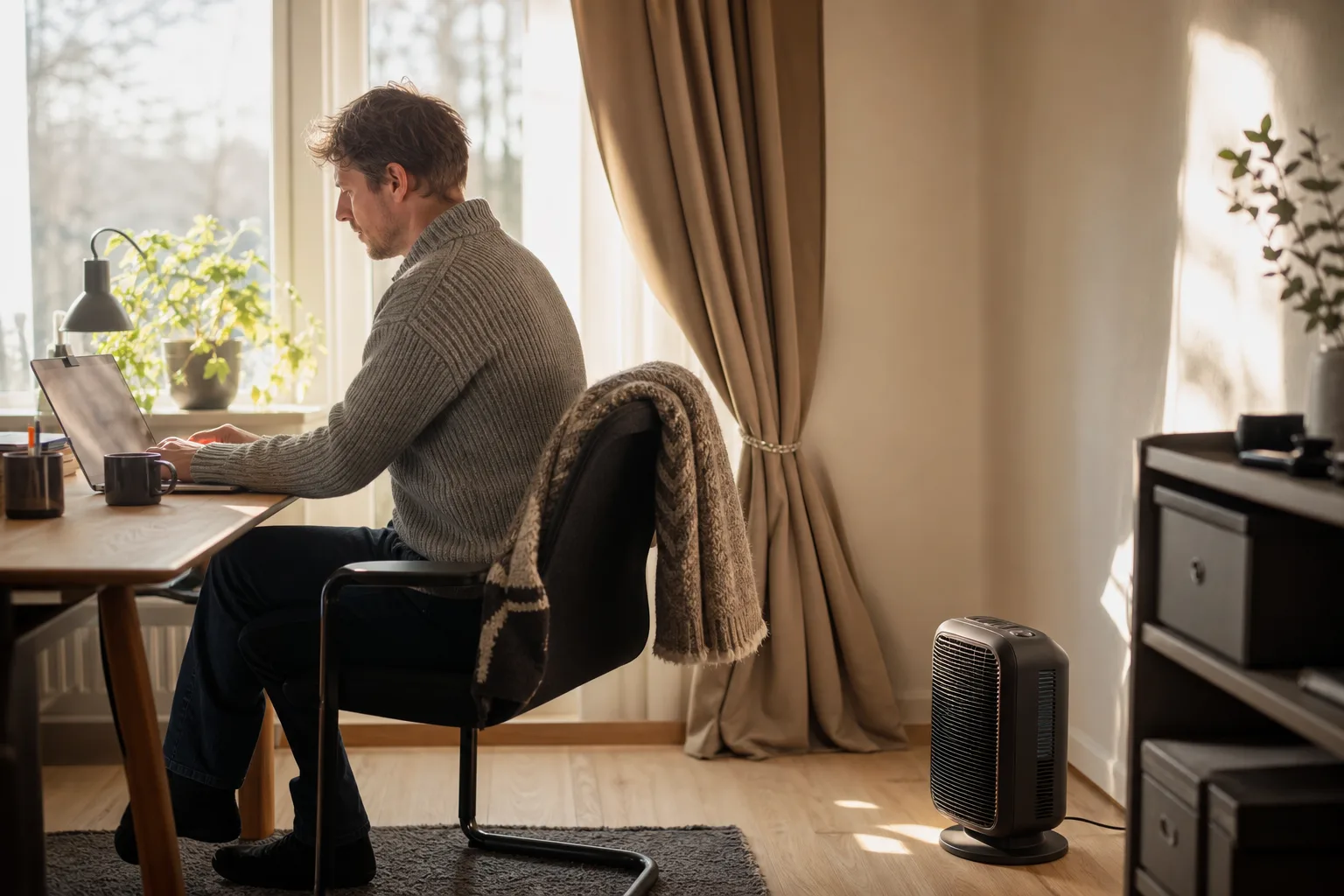 Värmefläkt i ett ljust hemmakontor
