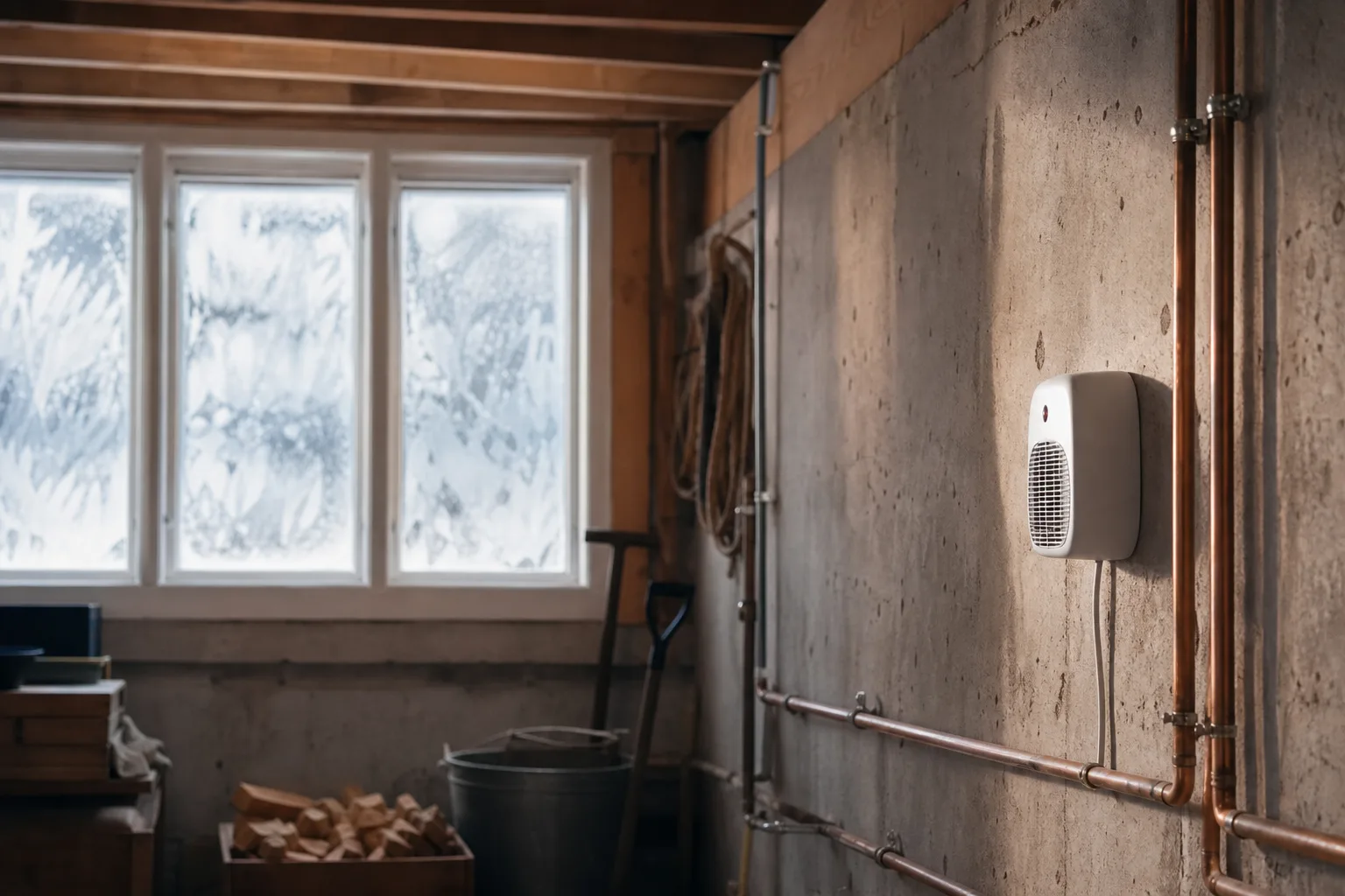 Frostvakt i ett kallt förråd med vattenrör