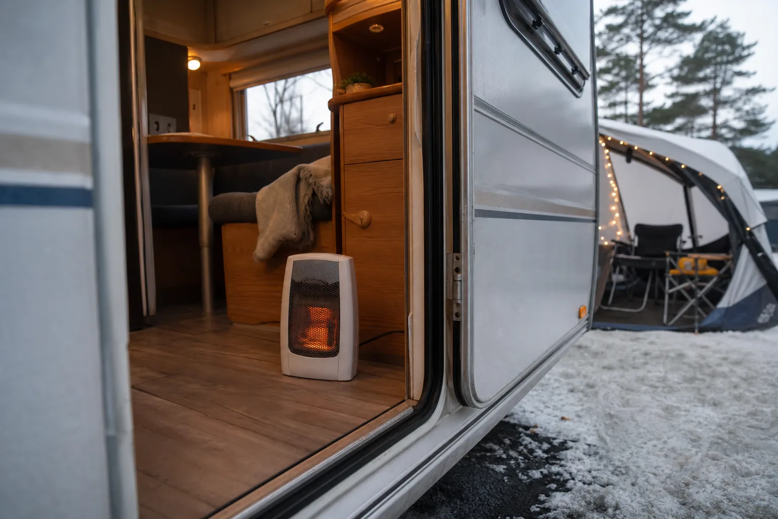 Elvärmare i en husvagn vid vintercamping