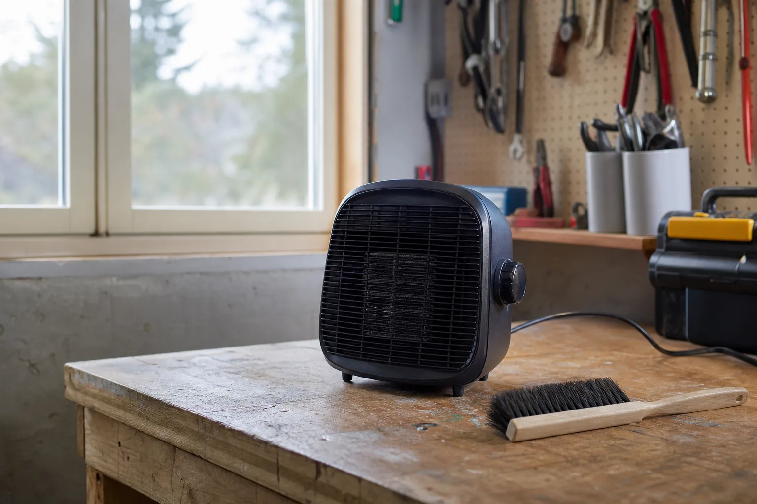 Urkopplad värmefläkt och dammborste i garage