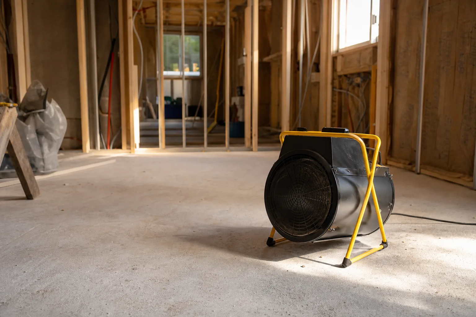 Elektrisk byggfläkt i ett rum under renovering