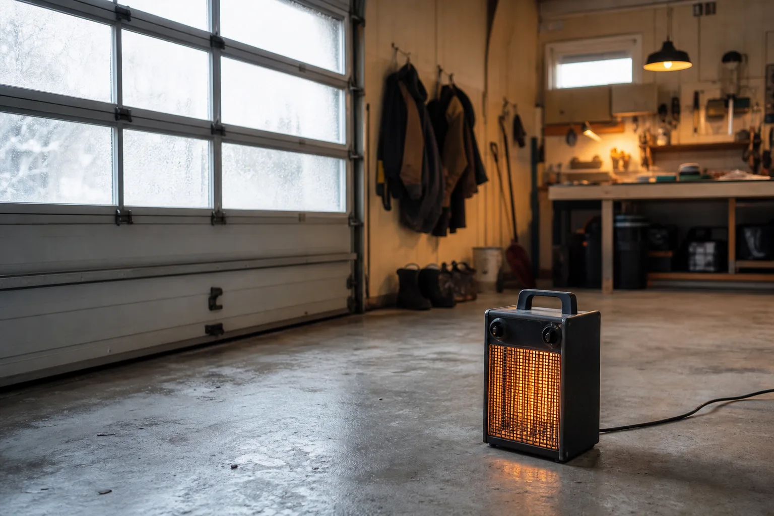 Elektrisk värmefläkt i vinterkallt garage
